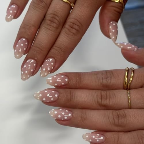 HPYFOI Style-6 Short Almond Press On Nails with Polka Dots, Medium, 30pcs