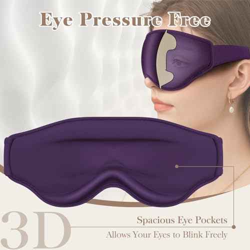 3D Eye Mask Sleep Mask for Men & Women, 100% Pressure-Free & Light Block-Out Eye Mask for Sleep with Easy Adjustable Strap, Night Eye Cover for Travel, Purple