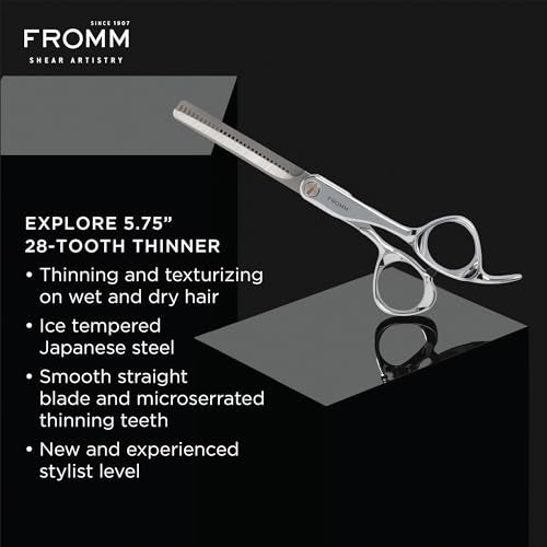 Fromm Professional Explore 5.75" 28 Tooth Thinning Shears Wet and Dry Hair, Polished Silver Japanese Steel Scissors with Smooth Straight Blade and Microserrated Thinning Teeth