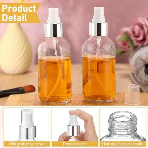 Maxcheck 50 Pieces 4oz Small Glass Spray Bottles for Essential Oil Empty Spray Mist Bottle Empty Fine Mist and Refillable Mister Refillable Liquid Containers for Perfumes, Cleaning(Clear, Silver)