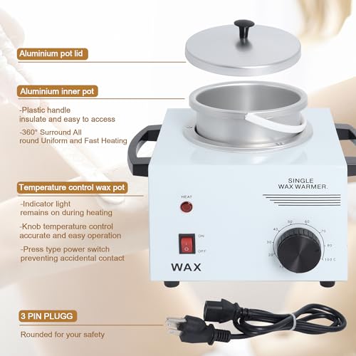 Podoy Wax Warmer for Hair Removal, Professional Single Wax Warmer Pot Melter Heater with Adjustable Temperature Set, Home Spa & Salon Electric Waxing Machine with 200pcs Sticks