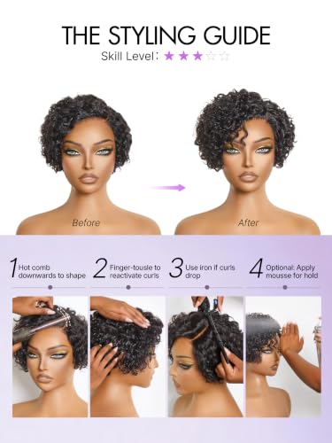 LUVME 6in Curly Pixie Wig - Glueless Water Wave, Black Pixcut Ready-to-Wear