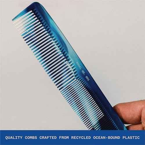 WAVEY Quality Hair Comb for Men and Women, Recycled Ocean Plastic, 7 Inches length perfect for home and travel, Wide and Fine Tooth for thick, thin, wavy, straight and curly hair styling - BLUE