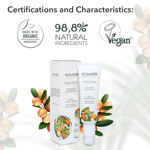 Night Cream with Organic Argan Oil ? Revitalizing & Nourishing, Anti-Aging Face Moisturizer with Vitamin C, Vegan, 97.7% Natural Ingredients, 1.7 Fl Oz - ECOLATIER
