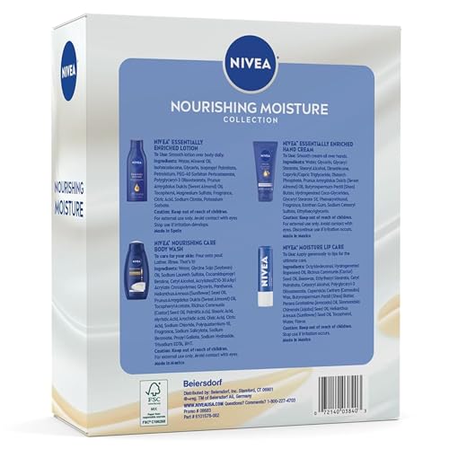 NIVEA Skin Care Set For Her, Nourishing Body Wash, Moisturizing Body Lotion, Lip Balm Stick with Shea Butter, & Multi Purpose Face, Body & Foot Cream, 4 Piece Gift Set