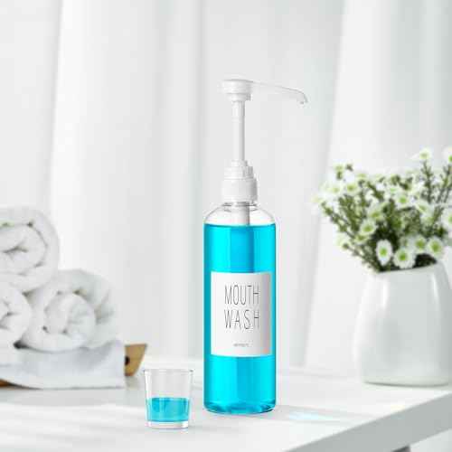 VITVITI Plastic Mouthwash Dispenser for Bathroom, 17 OZ Pump Mouth Wash Container Bottle with Cup, Clear Refillable Mouthwash Dispenser with Labels