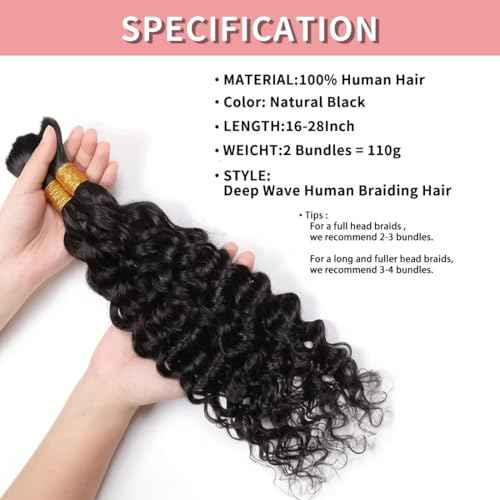 Human Braiding Hair for Boho Braids 12A Deep Water Wave Bulk Human Hair for Braiding No Weft Wet and Wavy Curly Human Hair Extensions (1B-Natural Black-Deep, 110g-26 Inch)