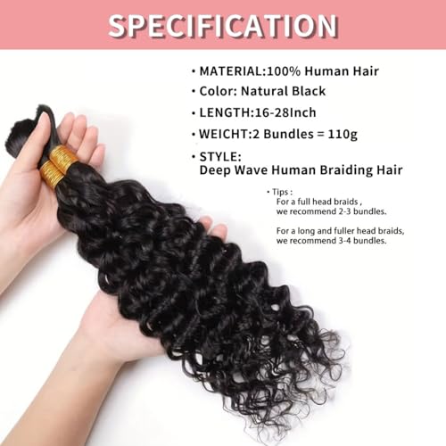 Human Braiding Hair for Boho Braids 12A Deep Water Wave Bulk Human Hair for Braiding No Weft Wet and Wavy Curly Human Hair Extensions (1B-Natural Black-Deep, 110g-24 Inch)