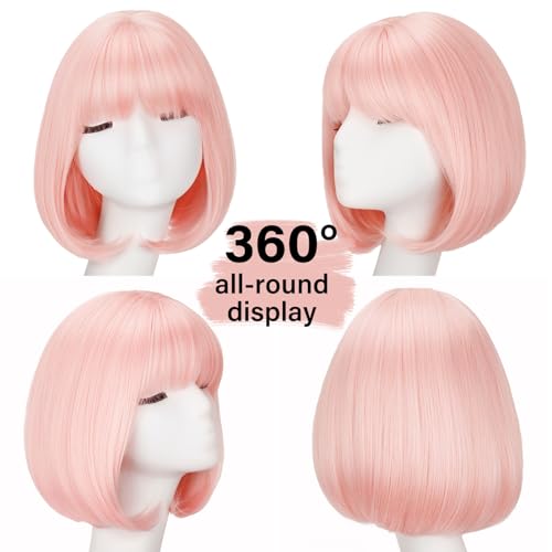 Light Pink Bob Wig with Bangs - Synthetic Short Wig for Women