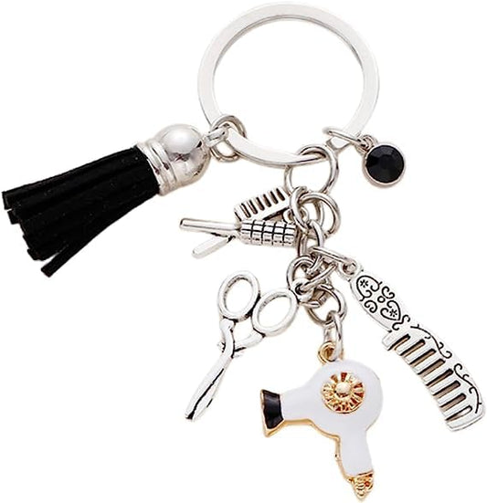 tenghong2021 Cute Hairdresser Comb Scissors Hair Dryer Keychain Tassel Black Diamond Charm Gift Hair Stylist Jewelry -White