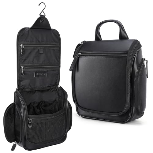 Masa Kawa Black Leather Travel Hanging Toiletry Bag for Men – Large