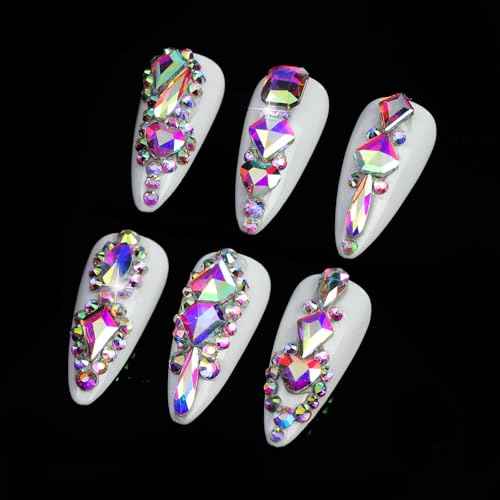 1660Pcs Crystal AB Nail Art Rhinestones: 8 Types of Multi Shapes Diamonds + 4 Sizes Flatback DIY Crafts Rhinestone Crystals 3D Glass Stones Set + Tweezer + Pickup Pen
