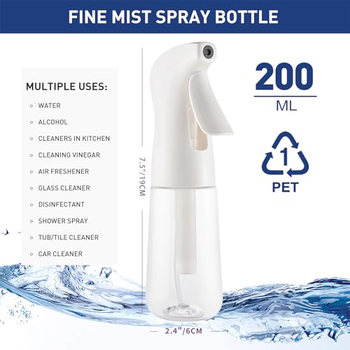 TANSHINE 6.8oz Continuous Spray Bottle for Hair & Plants, Fine Mist Refillable Plastic Mister, Clear