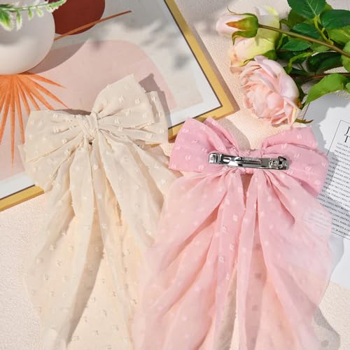 Large Hair Bows for Women,CEELGON 4 PCS Big Bow Clips for Girls French Barrette Bowknot with Long Tail for Women(White,Beige, Light Pink,Black)