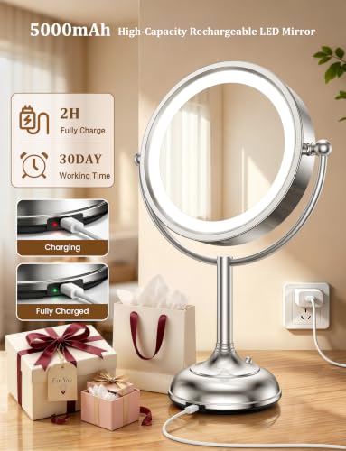 20X Lighted Makeup Mirror, 9" 1X/10X Rechargeable Mirror, Nickel
