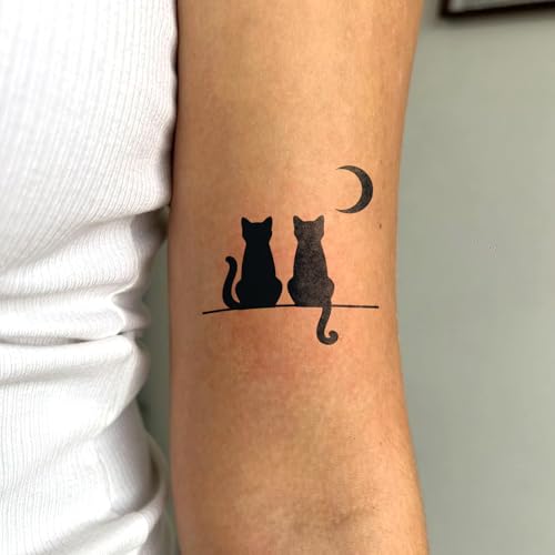 Semi Permanent Tattoos, 2 Sheets Tiny Realistic Temporary Tattoos for Women Men Arm, Fake Tattoo for Party, Waterproof No Reflective, Lasts 2 Weeks (Minimalist Cat & Cute Moonlit Cat Group)