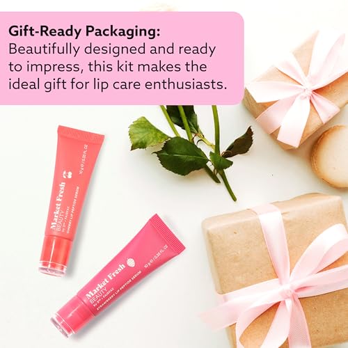 Peptide Glow Lip Serum Set by Market Fresh Beauty - Double Dose Hydrating Lip Care, Cherry & Strawberry Flavors, Vegan, Cruelty-Free, Clean Ingredients, 2 Pack