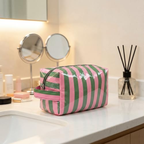 PVC Striped Makeup Bag - Waterproof Cosmetic Organizer