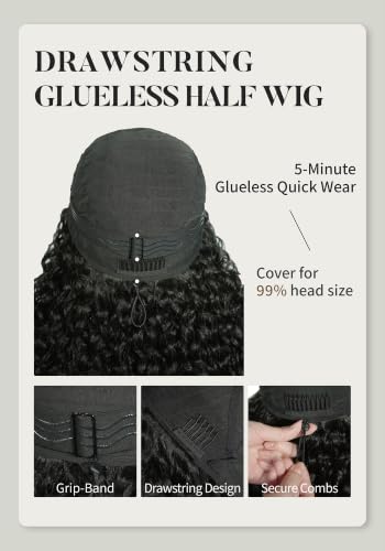 CROWNA 20 Inch Curly Half Wig - Natural Black Synthetic Wig, 200% Density