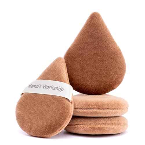 Momo's Workshop Pointed Powder Puff Large Size - Narrow Tip for Precision, Egg-Shaped Base for Even Application, Double-Sided Short Fluff, Works with Powder/Blush/Highlighter,Storage case,3PCS Puffs