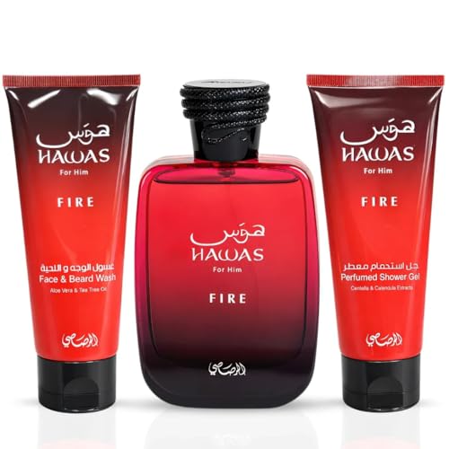 Hawas Fire Gift Set for Men - Eau De Parfum 100ml, Face & Beard Wash, Shower Gel