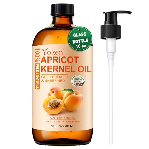 Cold Pressed Apricot Kernel Oil 16 fl oz Glass Bottle - Single Ingredient 100% Pure and Natural Apricot Oil, Lightweight Carrier & Massage Oil for Skin & Hair, Unscented & Hexane Free