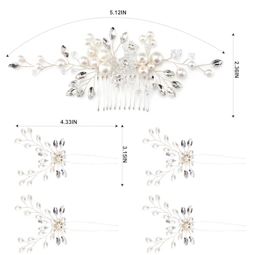 Bridal Hair Combs & Pins Set - 5PC Rhinestone Crystal Pearl Accessories