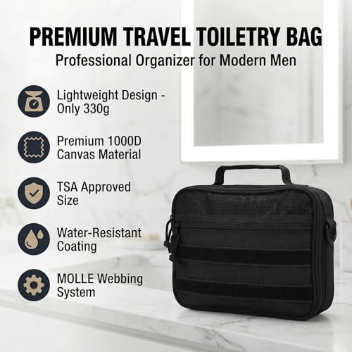 VELVEBAG Tactical Toiletry Bag for Men, Hanging Toiletry Bag for Men, Hanging Waterproof TravelShaving Hygiene Bag, Bathroom Multi-pocket Organizer, for Short Trips, Camping & Gym, Black