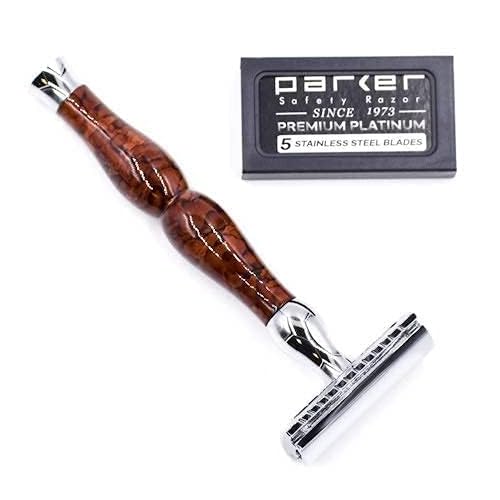 Parker, 45R Heavyweight Double Edge Safety Razor ? 3 Piece Design with 4 Inch Handle - Solid Brass Frame for Durability ?5 Parker Double Edge Razor Blades included