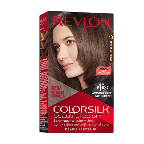 Revlon Colorsilk Beautiful Color Permanent Hair Color, Long-Lasting High-Definition Color, Shine & Silky Softness with 100% Gray Coverage, Ammonia Free, 040 Medium Ash Brown, 1 Pack