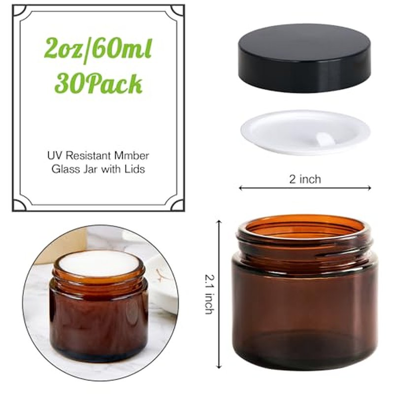 30 Pack 2oz Amber Glass Jars with Lids - Airtight Cosmetic Containers