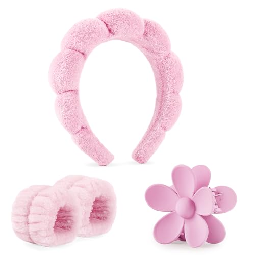 JYOUX 4PCS Fluffy Spa Headbands, Face Band with Wrist, Floral Hairpin for Skin Care, Headband and Wristband+Blue