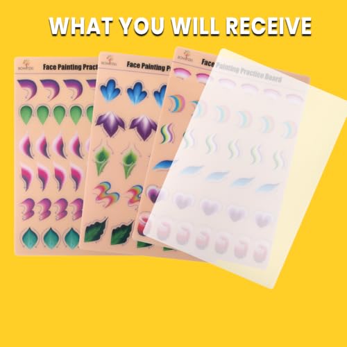 Bowitzki face Painting Practice Board 4pcs,Reusable Colorful face Paint Practice Board,Painting Makeup Exercise Template A4 Size (#2)