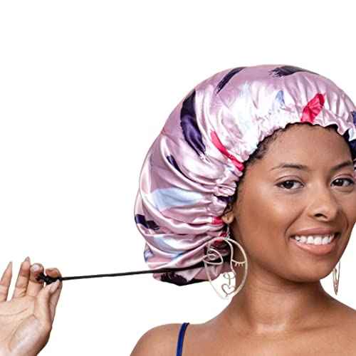 Glow By Daye Satin Bonnet, Double-Layered and Adjustable Satin Sleep Cap, Extra Large, Reversible Free Spirit Pink Brushstrokes