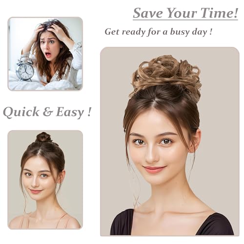 Elaine Hair Buns Hair Piece Messy Tousled Wavy Curly Scrunchies Wrap Ponytail Extensions with Elastic Rubber Band Synthetic Donut Updo Hairpieces for Women Girls (Salt & Pepper)