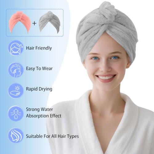 Microfiber Hair Drying Towel Wrap 2-Pack Gray & Pink