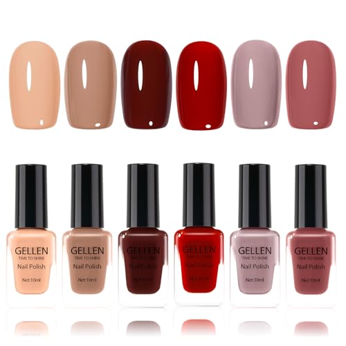 GELLEN Neutral-Warm Fall Winter Nail Polish Set - 6 Nude Red Brown Shades, No Lamp Needed, HEMA Free