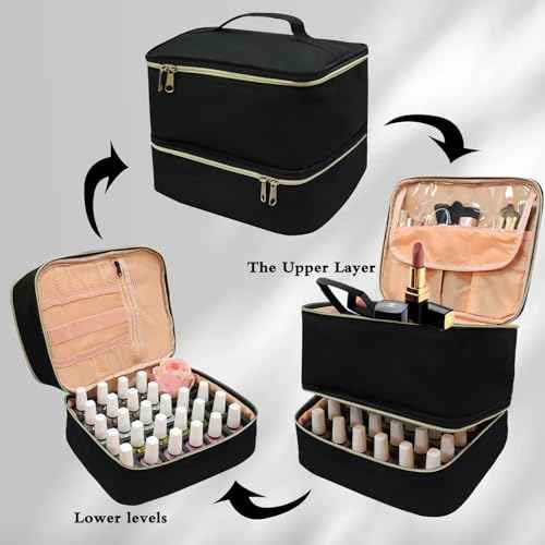 Nail Polish Organizer Bag, Double-Layer Nail Supplies Organizer Holds 30 Bottles & Nail Lamp, Professional Nail Kit Storage Carrying Case (Black)