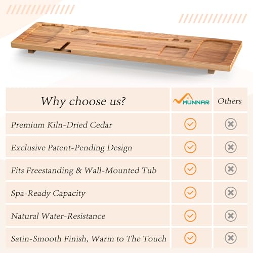 Bathtub Tray for Freestanding Bath, Solid Pine Wood Bath Tray for Tub, Bath Caddy for Home Spa, Adjustable Bathtub Trays for Tub, with Bathtub Accessories Holders, Patent Design, 35x9