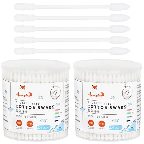 HOMEFOX 400 White Organic Cotton Swabs Spiral Pointed Double Sided - Gentle Lint-Free Tips