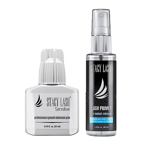 Sensitive Eyelash Extension Glue 10ml & Primer/Cleanser 40ml - Stacy Lash/Black Adhesive for Semi-Permanent Extensions / 5-6Sec Drying Time/Low Fume/Protein Oil Remover/Professional Supplies