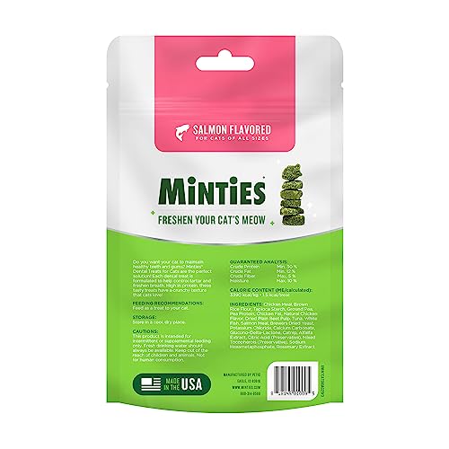 Minties Dental Treats for Cats, (Chicken/Salmon) Flavored Treats for Cats, Freshens Breath and Controls Tartar, 2.5oz