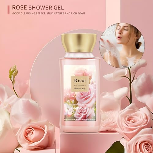 Bath and Body Gift Set for Women and Girls,Rose 3PCS Set - Shower Gel,Body Lotion,Body Mist,Personal Portable Body Care Travel Set,Home Spa Set for Birthday Mother's Day Gifts for Her