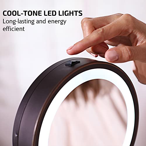 OVENTE 7'' Lighted Makeup Mirror with 1X/7X Magnification, Cordless Tabletop Mount Vanity Mirror with 360¡Æ Swivel Design & Double Sided Glow Cosmetic White LED Ring Light, Antique Bronze MCT70ABZ1X7X