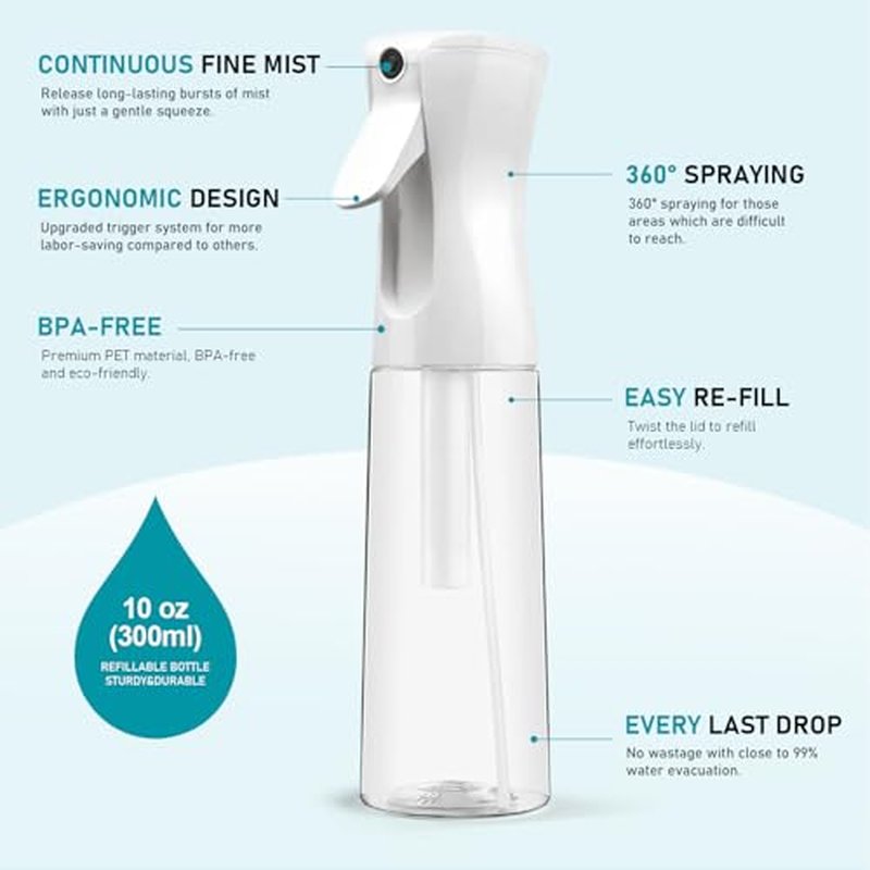 ELEMSY 10 OZ Spray Bottle for Hair - Continuous Ultra Fine Mist (2 Pack)