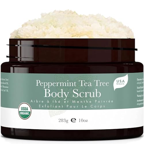 Peppermint Tea Tree Organic Body Scrub - USA Made Sugar Scrub with Natural Ingredients, Moisturizing Body & Foot Exfoliator for Dry and Sensitive Skin, Removes Dead Skin Cells & Reduces Ingrown Hair