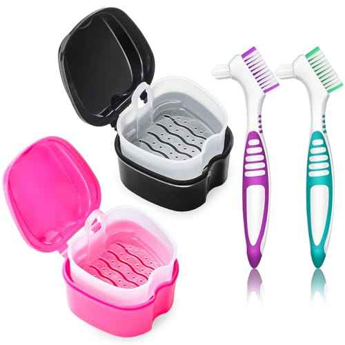 2 Pack Colors Denture Bath Case Cup Retainer Cleaner Holder Case False Teeth Soaking Container Dental Bath Storage Box Case with Strainer Basket and Brush - Rose Red & Black