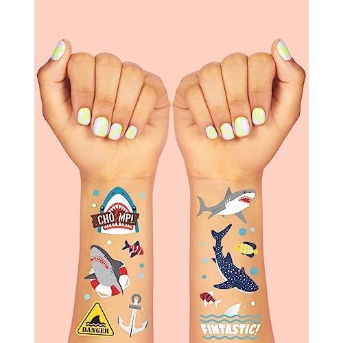 xo, Fetti Shark Temporary Tattoos - 38 Metallic Styles | Underwater Sea Creature, Ocean Animal Birthday Party Supplies, Summer, Totally Jawsome, Arts and Crafts