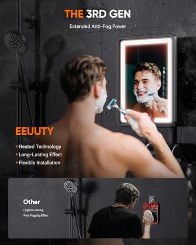 Heated Fogless Shower Mirror with Dimmable Lights & Razor Holder