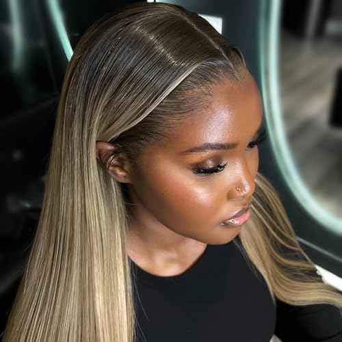 Ombre Ash Blonde Wigs Human Hair Natural Roots 200% Density 13x6 Straight HD Glueless Lace Frontal Wigs Human Hair for Women Pre Plucked Ombre Dirty Blonde Straight Lace Frontal Wigs 20 Inch